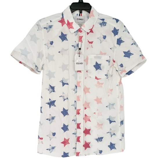 Como Man Shirt Small White Red Blue Stars Button Up Short Sleeve NWT - Picture 1 of 8